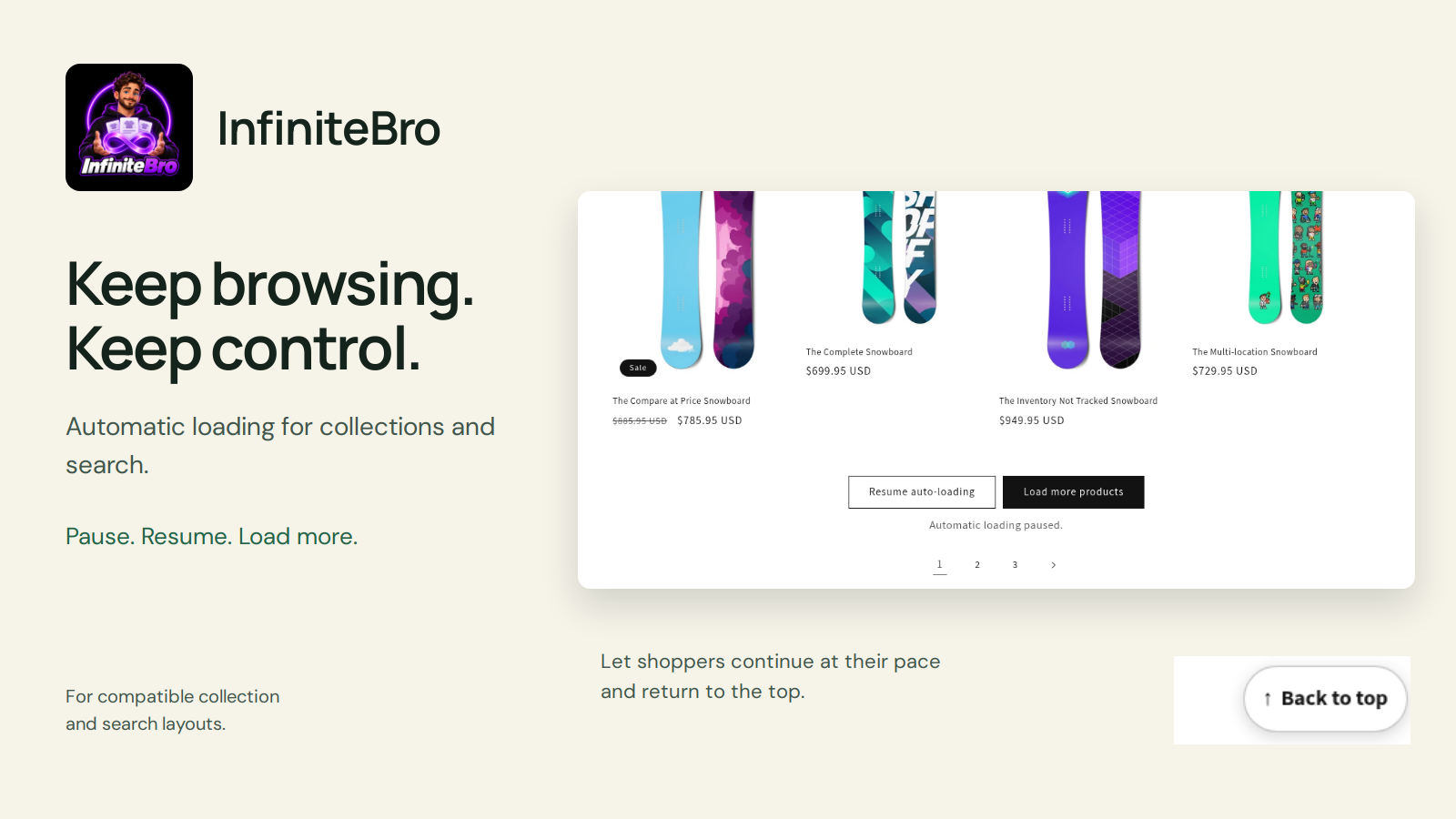 InfiniteBro collection browsing with Pause and Load more controls.